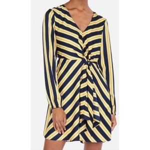 NEW Express satin wrap tie waist dress long sleeve yellow navy stripe size L